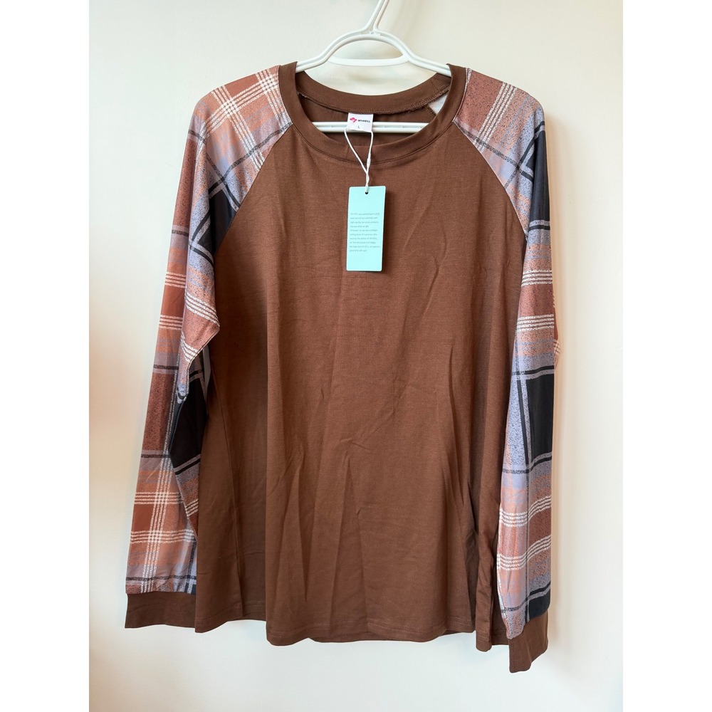 Wiholl Womens Brown Plaid Raglan Long Sleeve Crew Neck Top Large NWT